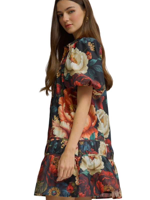 A woman wearing a short-sleeve tiered dress with a vibrant floral print in red, cream, and green on a dark background, photographed against a plain white studio backdrop.