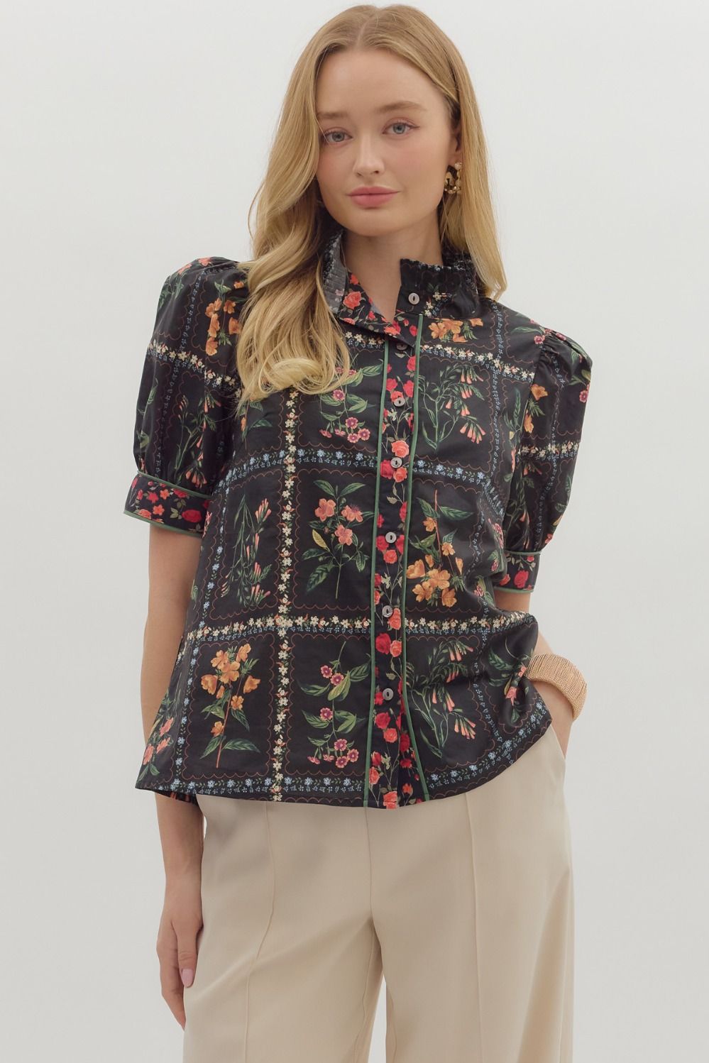 Black Floral Ruffle Neck Button Up Top