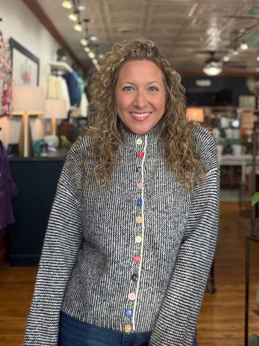 Black + Ivory Colorful Buttons Sweater Cardigan