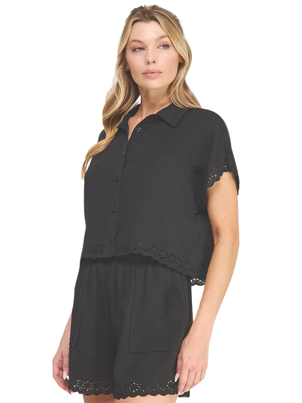Black Linen Blend Eyelet Top