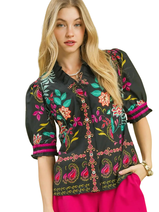 woman wearing black and pink floral top