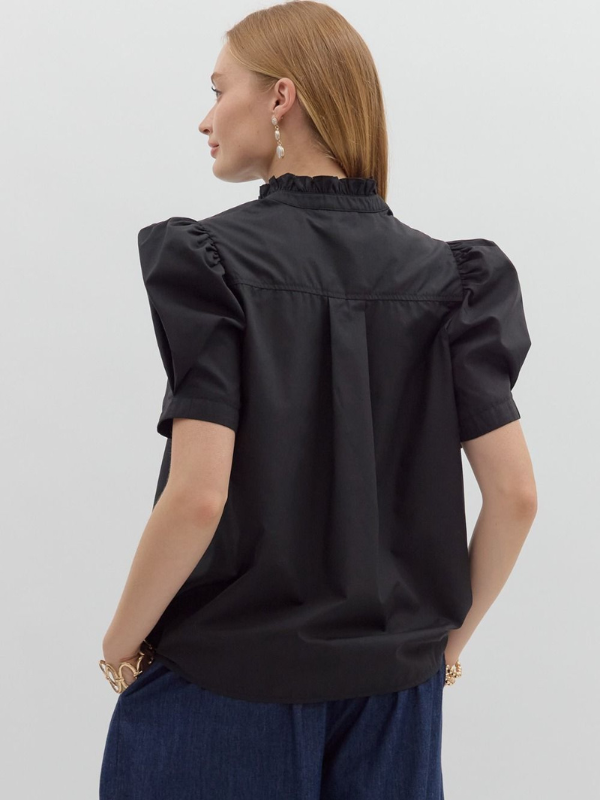 Black Short Puff Sleeve Button Up Top
