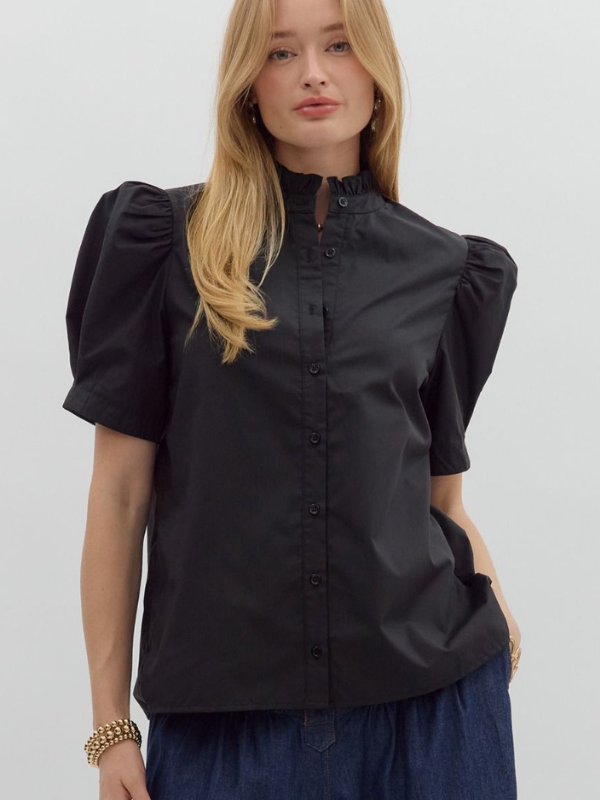 Black Short Puff Sleeve Button Up Top