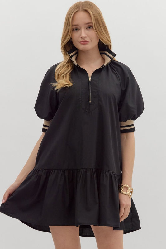Black Puff Sleeve Ruffle Hem Dress