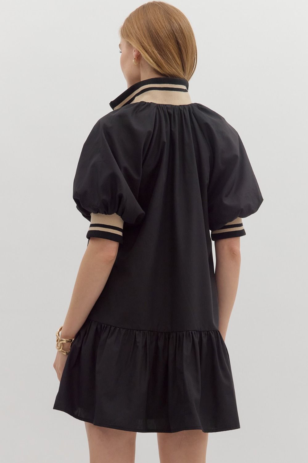 Black Puff Sleeve Ruffle Hem Dress
