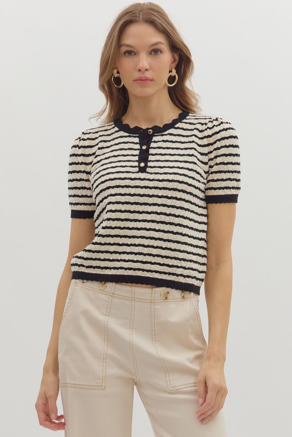 Black Stripe Short Sleeve Knit Sweater