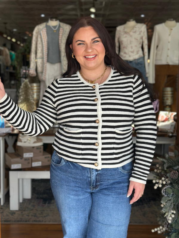 Black & Cream Striped Button Cardigan