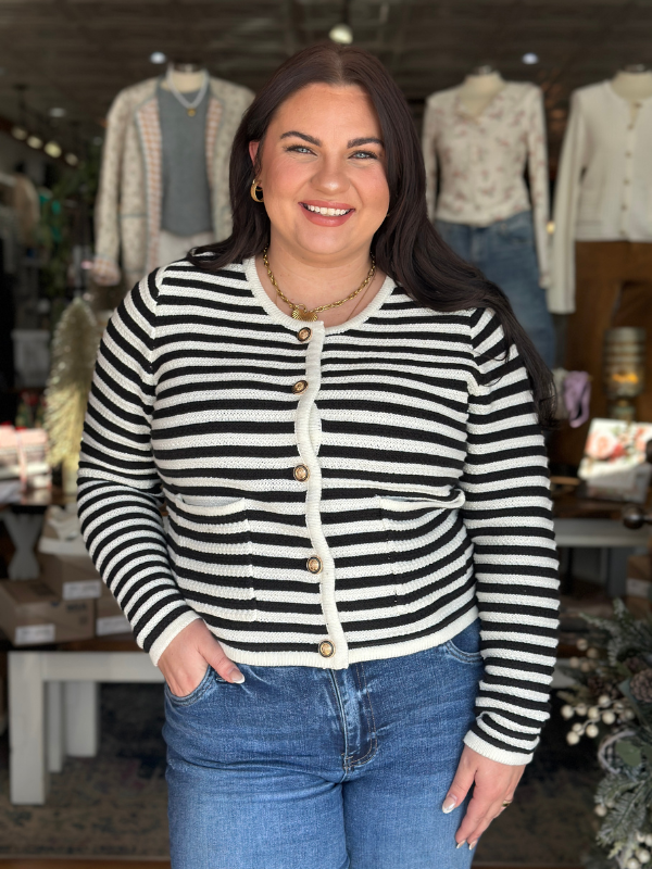 Black & Cream Striped Button Cardigan