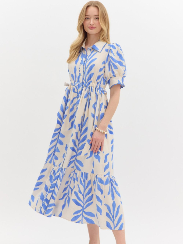 Blue + Cream Floral Midi Dress