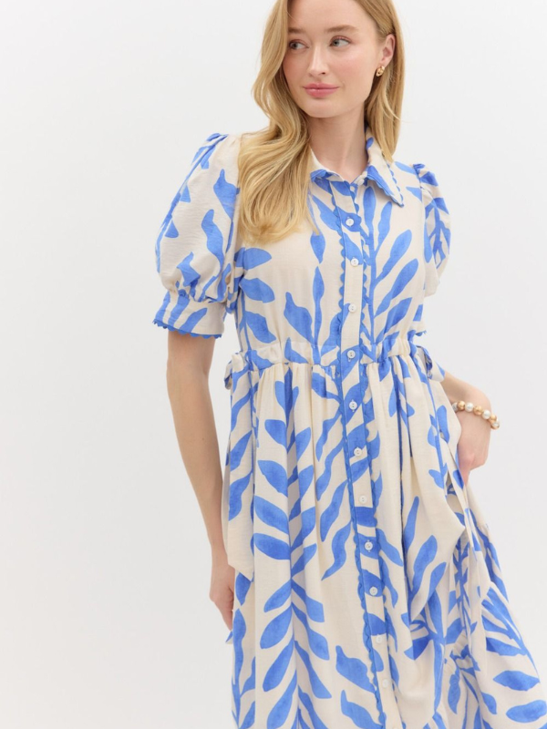 Blue + Cream Floral Midi Dress