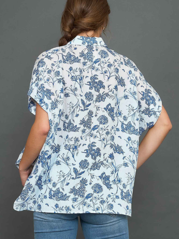 Blue Floral Print Button Down