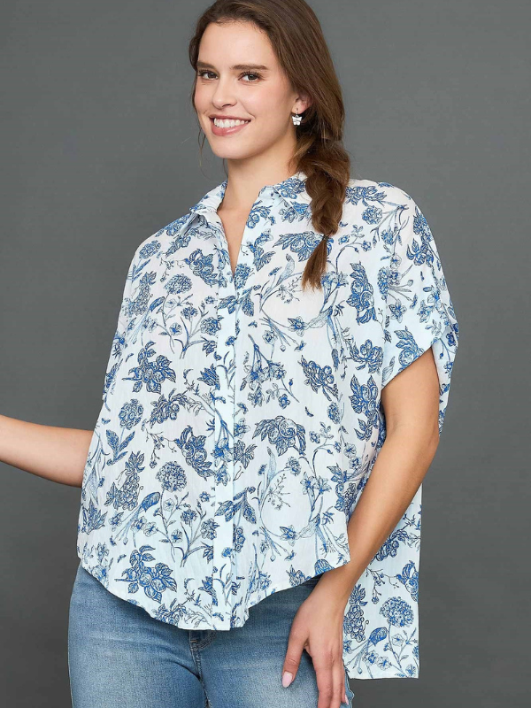 Blue Floral Print Button Down