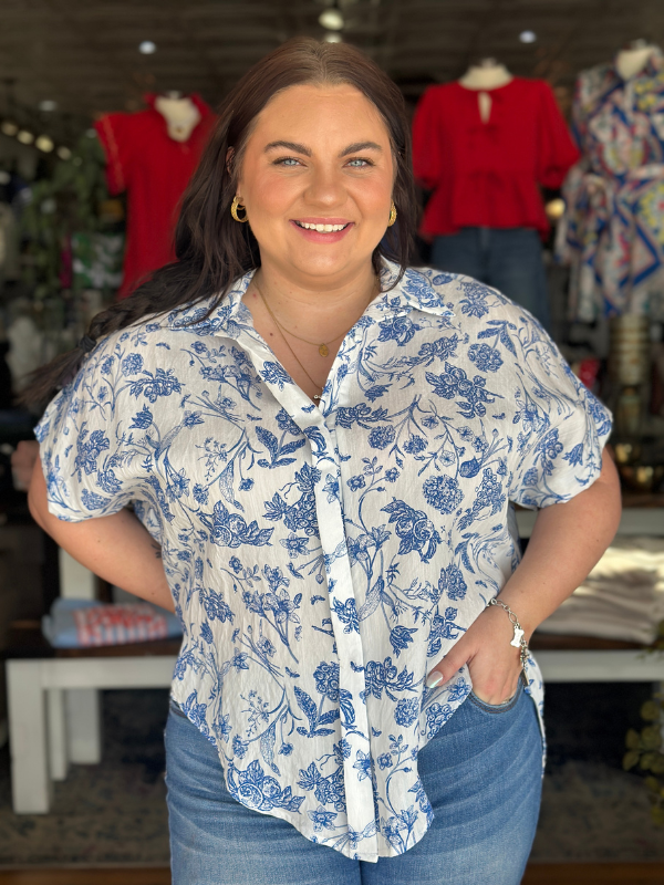 Blue Floral Print Button Down