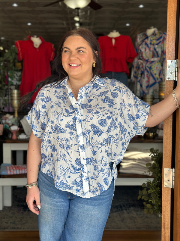 Blue Floral Print Button Down