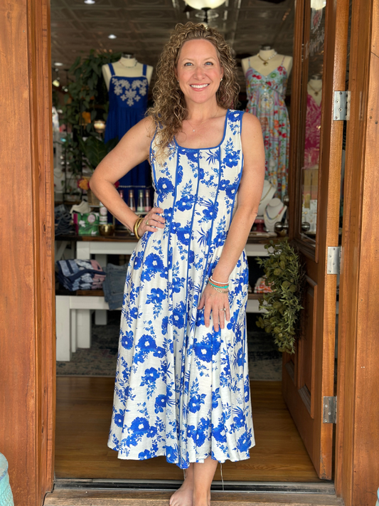 Blue Floral Square Neck Midi Dress