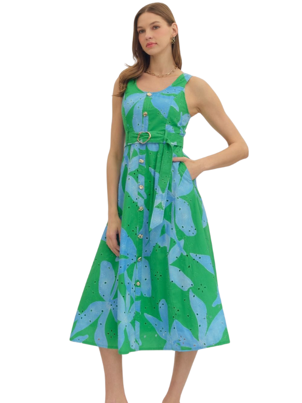 woman wearing a green and blue botanical midi dress 