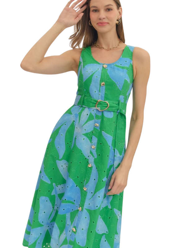 woman wearing a green and blue botanical midi dress 