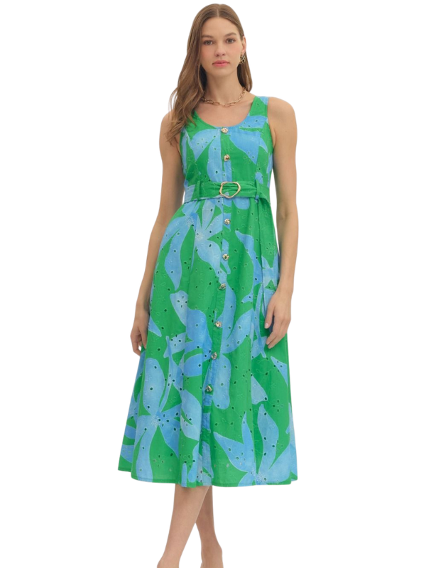 woman wearing a green and blue botanical midi dress 