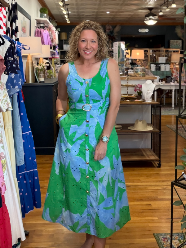 Blue + Green Botanical Belted Midi Dress - Themasonboutique