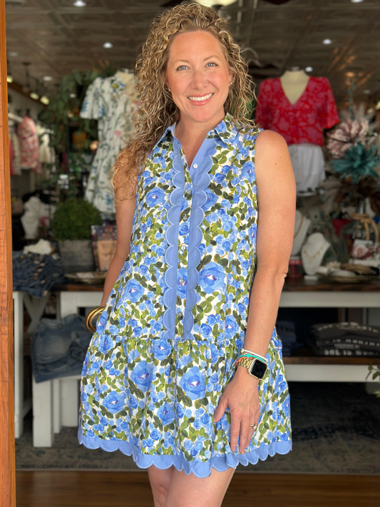 Blue + Green Floral Sleeveless Shirt Dress