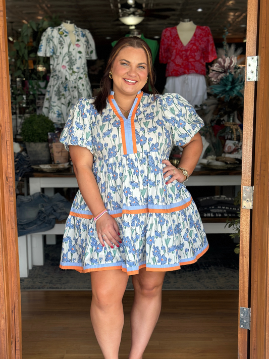 Blue + Orange Floral Print Mini Dress