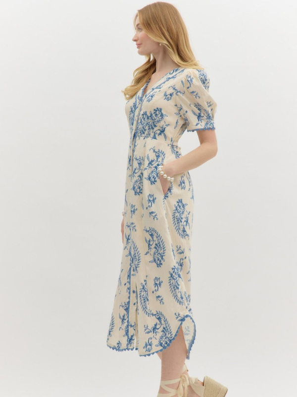 Blue Paisley Button Up Midi Dress