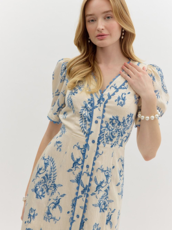 Blue Paisley Button Up Midi Dress