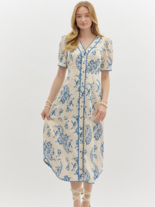 Blue Paisley Button Up Midi Dress