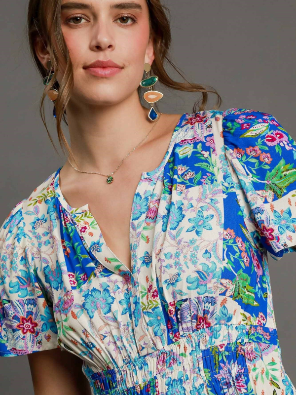 Blue Patchwork Floral Smocked Midi Dress