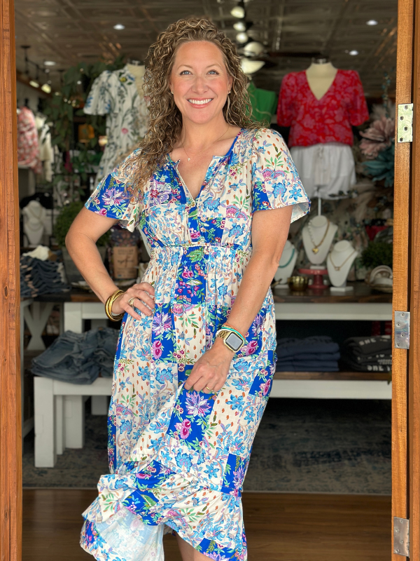Blue Patchwork Floral Smocked Midi Dress