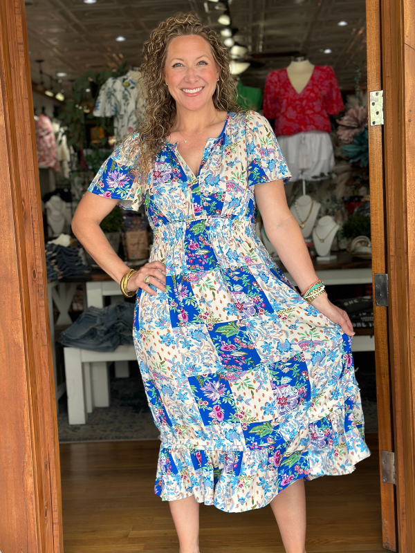 Blue Patchwork Floral Smocked Midi Dress