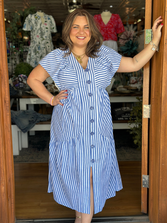 Blue Stripe Button Down Midi Dress