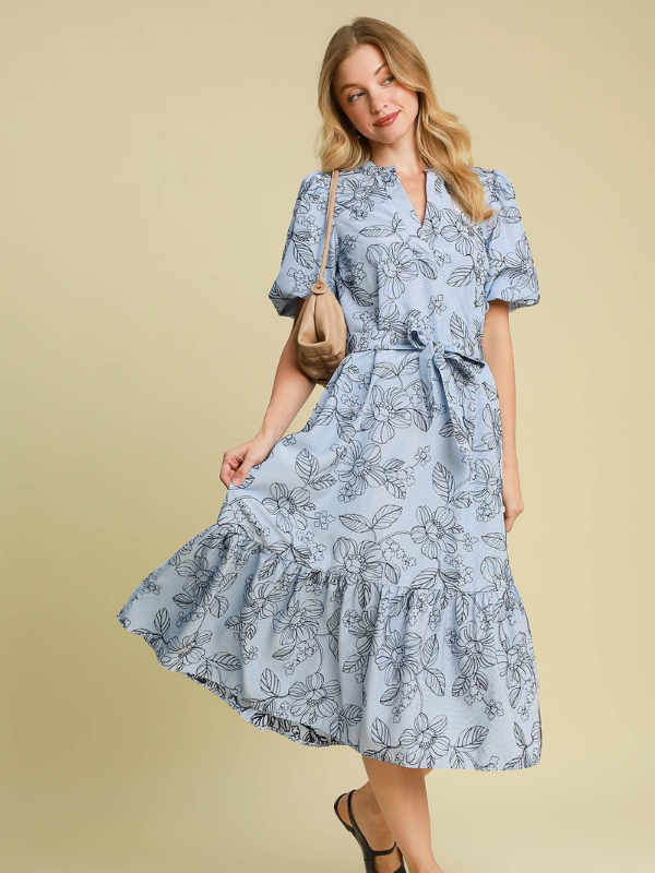 Blue Stripe Floral Embroidered Dress