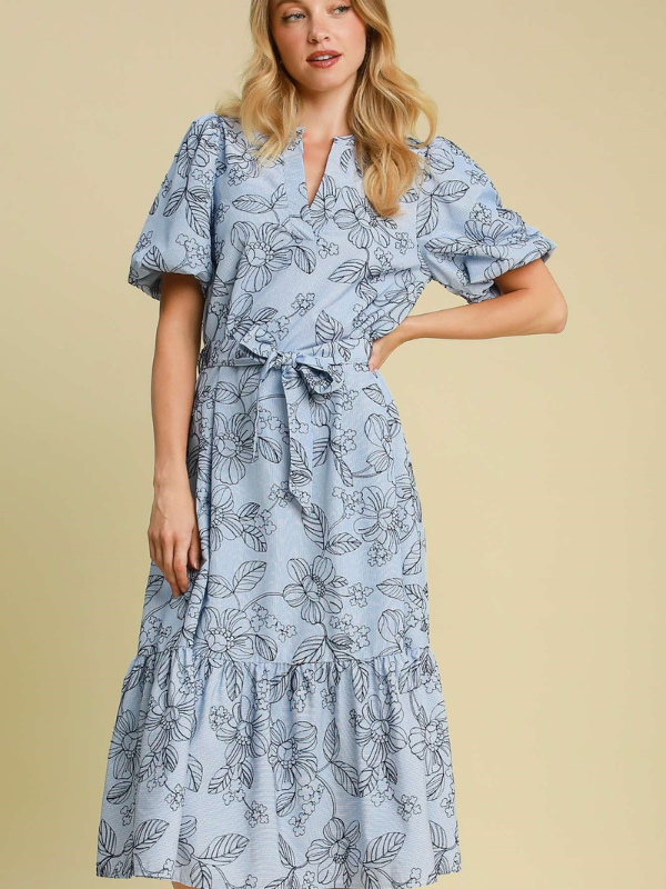 Blue Stripe Floral Embroidered Dress