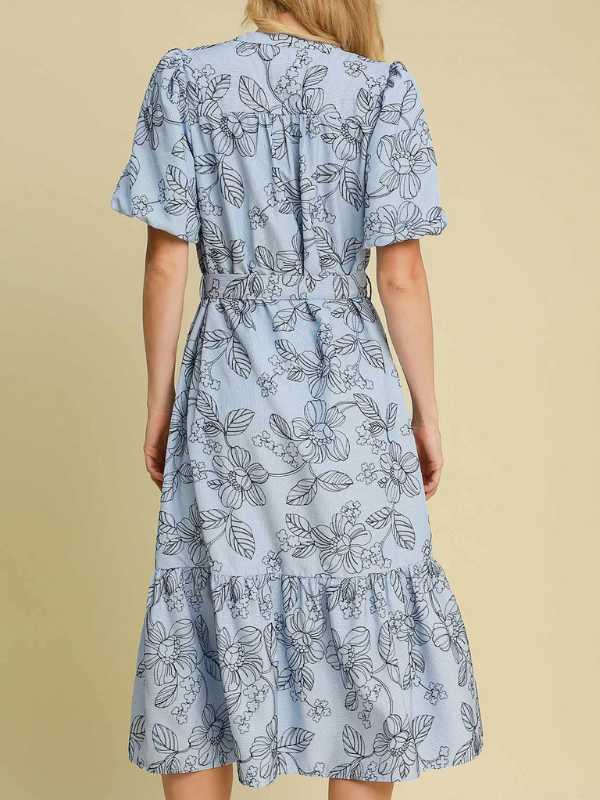 Blue Stripe Floral Embroidered Dress