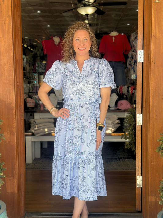 Blue Stripe Floral Embroidered Dress