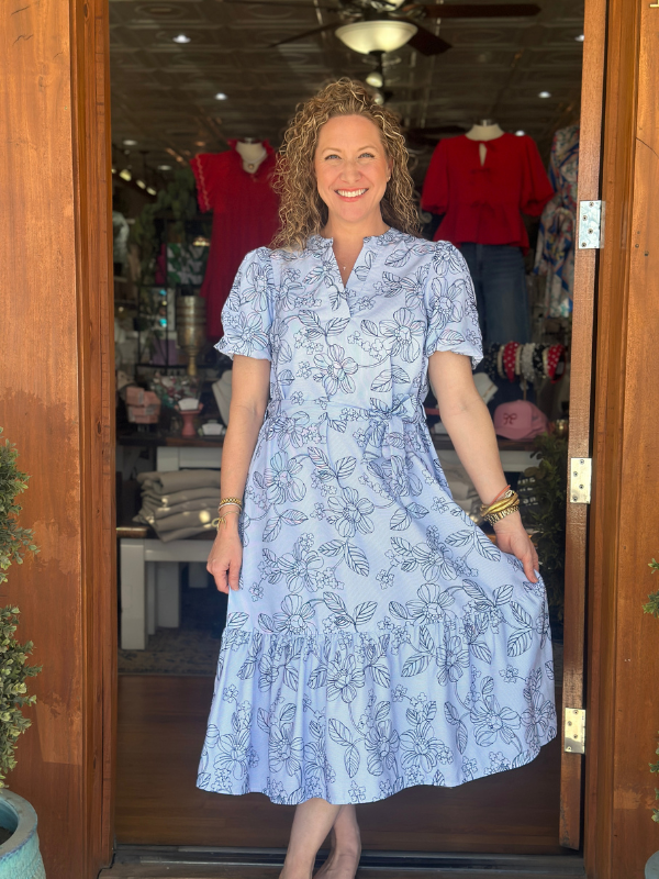 Blue Stripe Floral Embroidered Dress