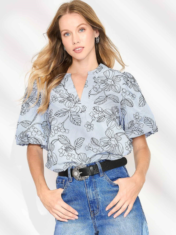 Blue Stripe Floral Embroidered Top