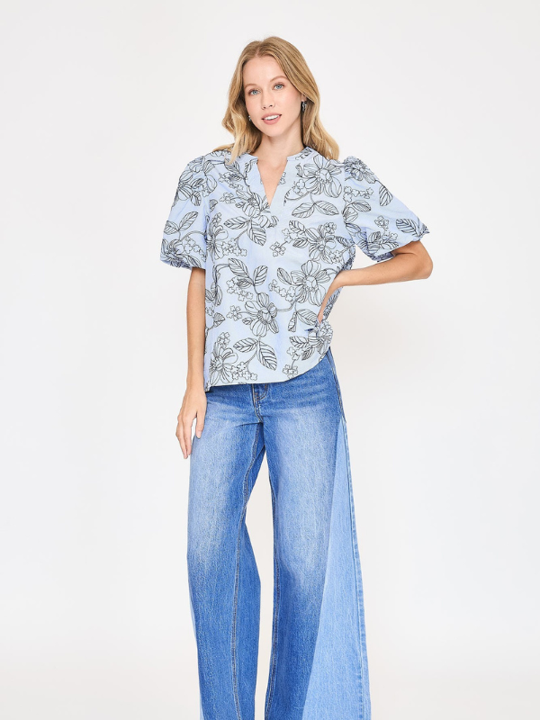 Blue Stripe Floral Embroidered Top