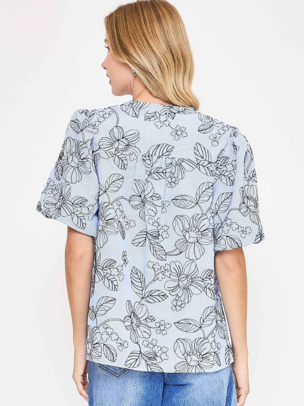 Blue Stripe Floral Embroidered Top