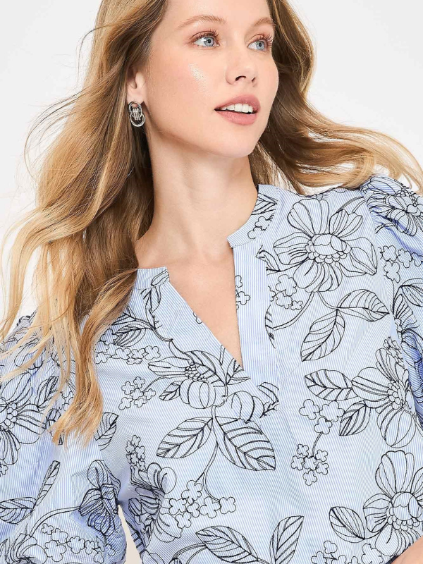 Blue Stripe Floral Embroidered Top