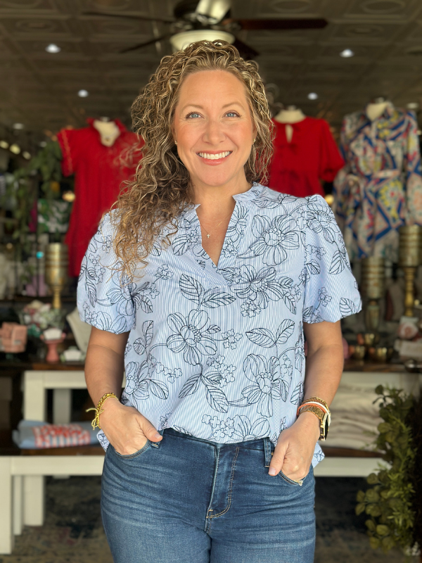 Blue Stripe Floral Embroidered Top