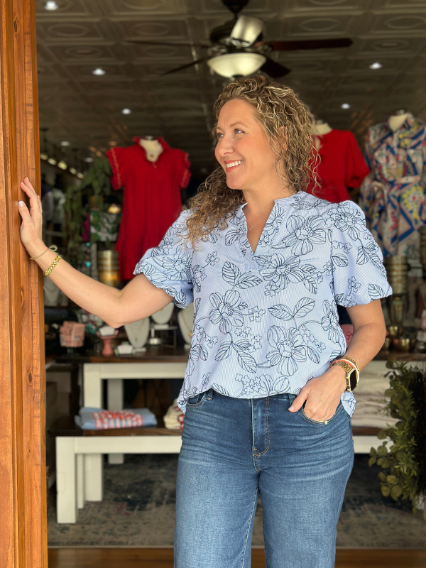 Blue Stripe Floral Embroidered Top