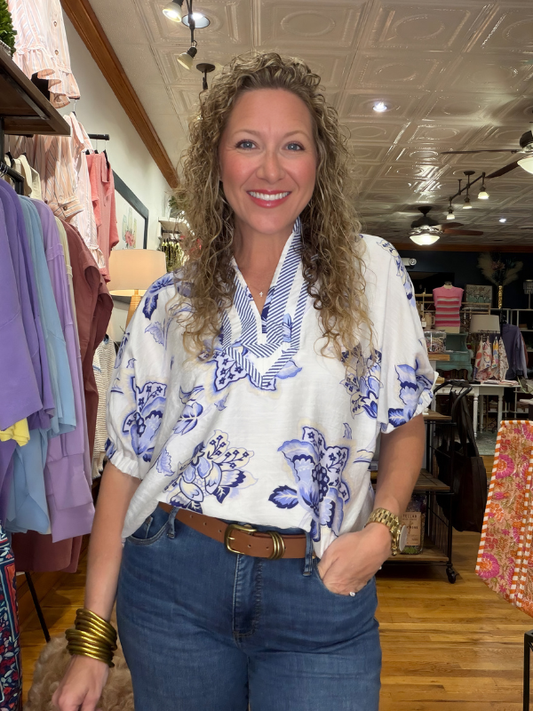 Blue + White Floral Dolman Sleeve Top - Themasonboutique