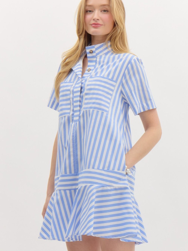 Blue & White Striped Ruffle Dress