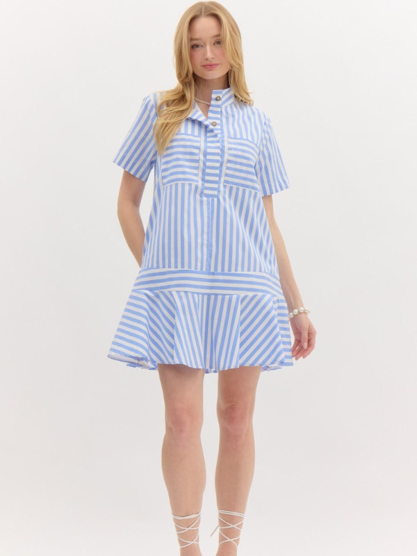 Blue & White Striped Ruffle Dress