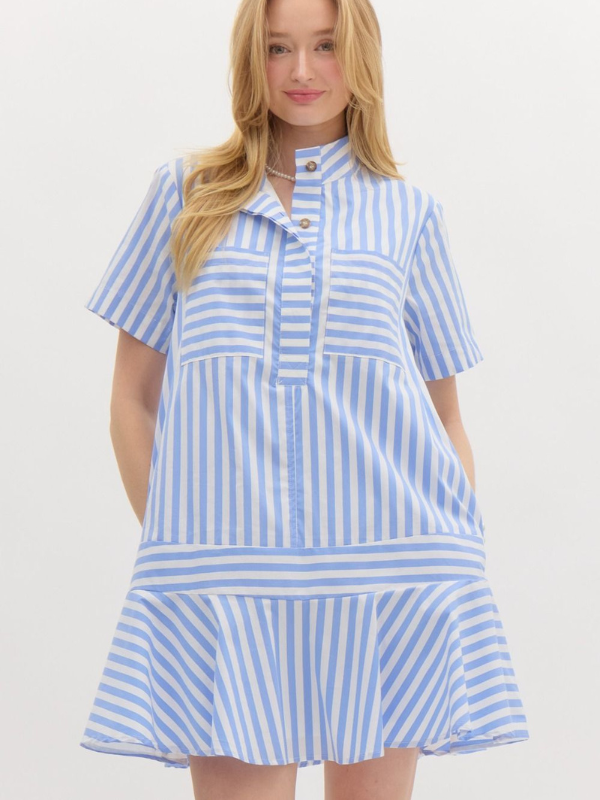 Blue & White Striped Ruffle Dress