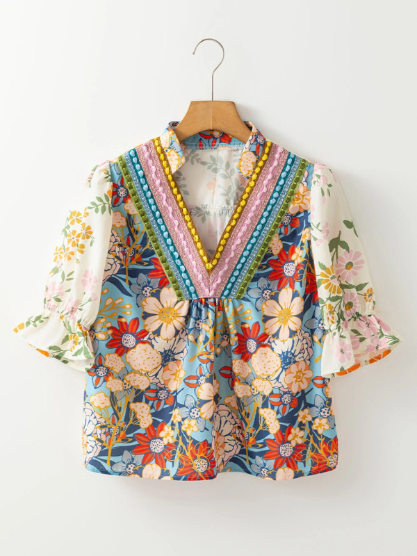 Boho Floral Crochet V-Neck Top