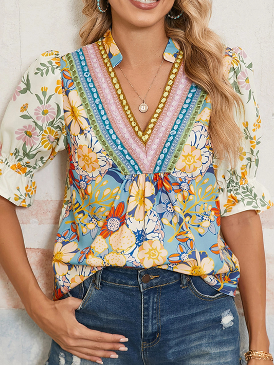 Boho Floral Crochet V-Neck Top