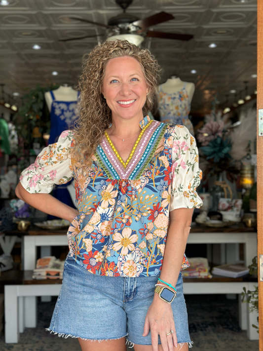 Boho Floral Crochet V-Neck Top